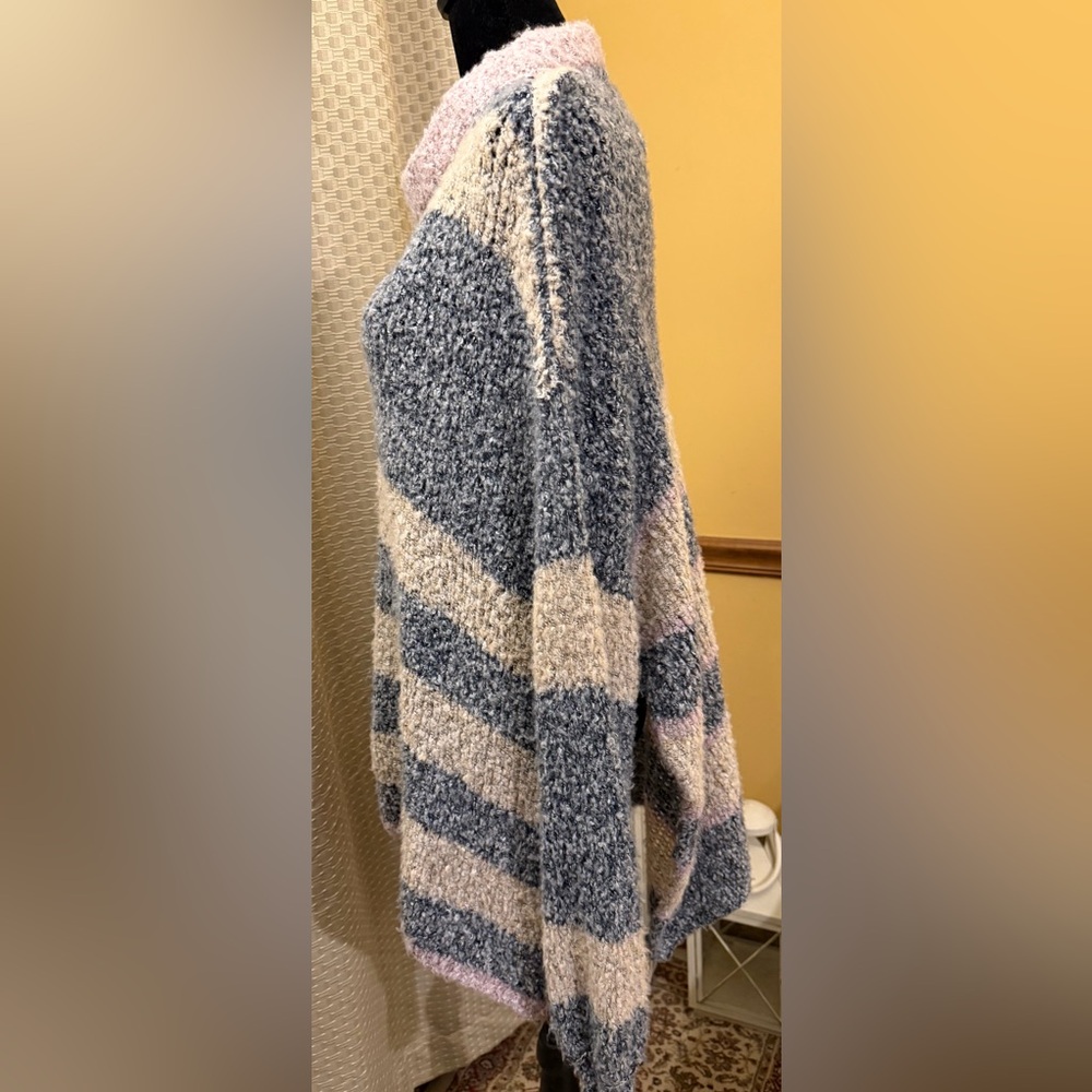 Free People BRB Blue Tan Oversized Side Slit Striped Tunic Sweater - Picture 3 of 8